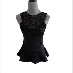 C’Est Toi Black peplum tank with lace detail. Size M